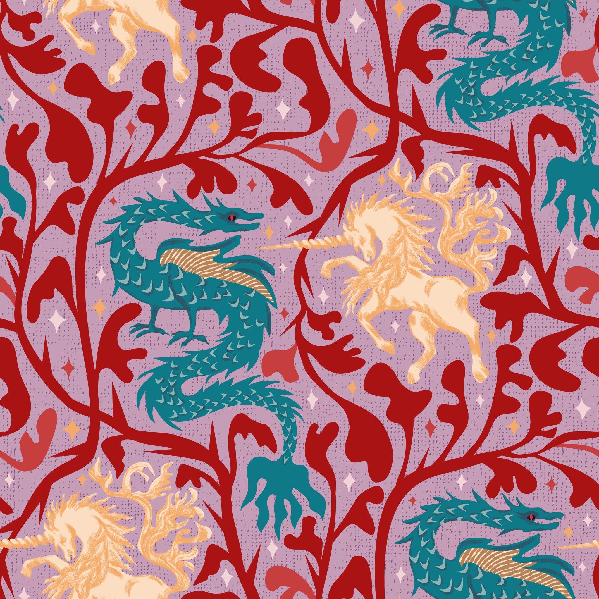 Fantasy wallpaper with teal dragons and golden unicorns on lavender background.