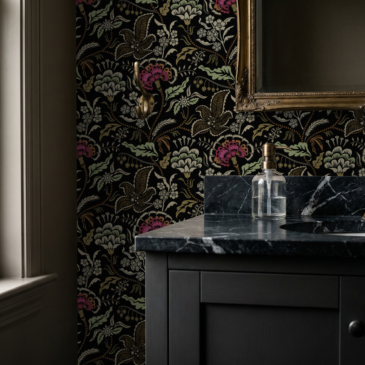 Floral botanical wallpaper in black with pink and green motifs in elegant bathroom.
