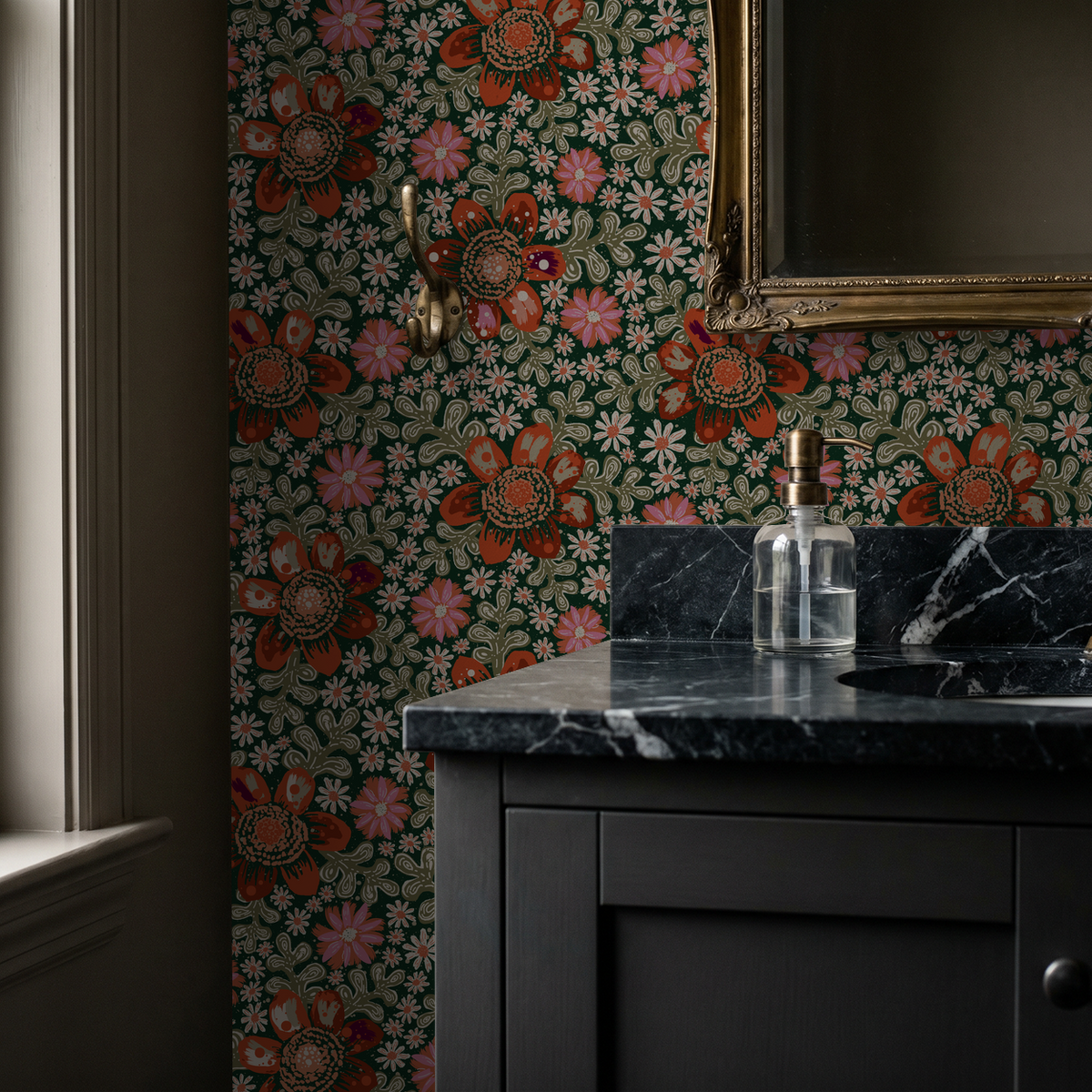 Floral wallpaper with orange and pink flowers on emerald backdrop in bathroom setting.