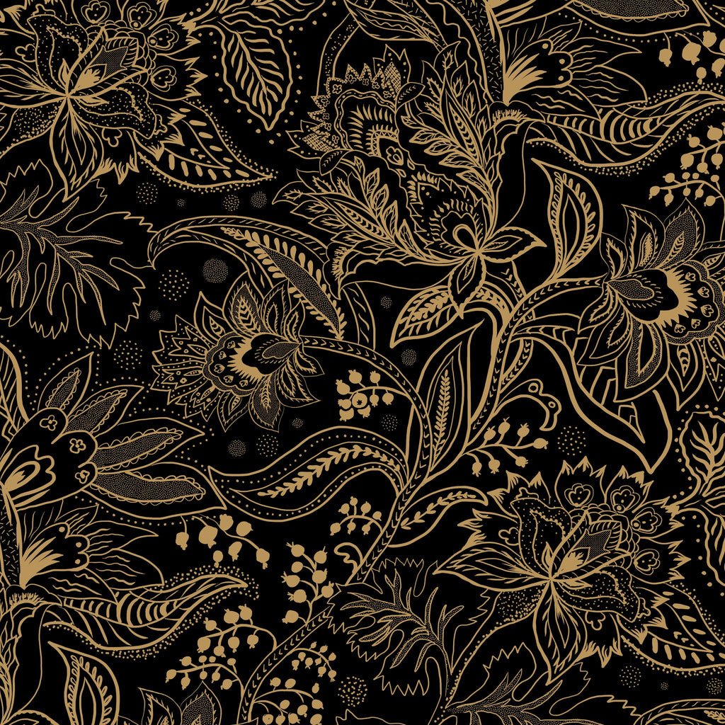 Gold and black floral paisley wallpaper with intricate botanical patterns.