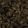 Gold and black floral paisley wallpaper with intricate botanical patterns.