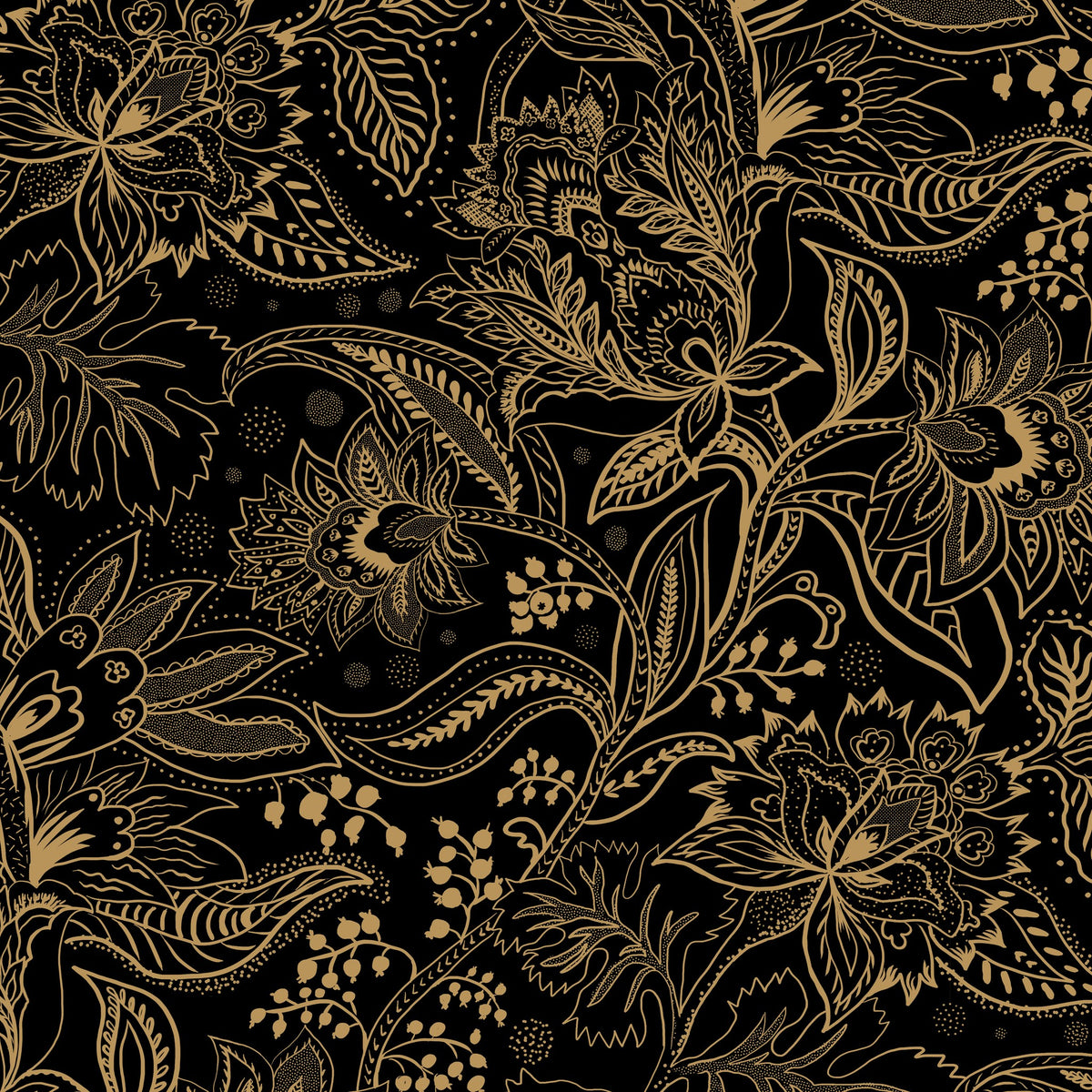Gold and black floral paisley wallpaper with intricate botanical patterns.