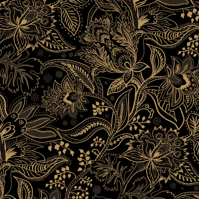 Gold and black floral paisley wallpaper with intricate botanical patterns.