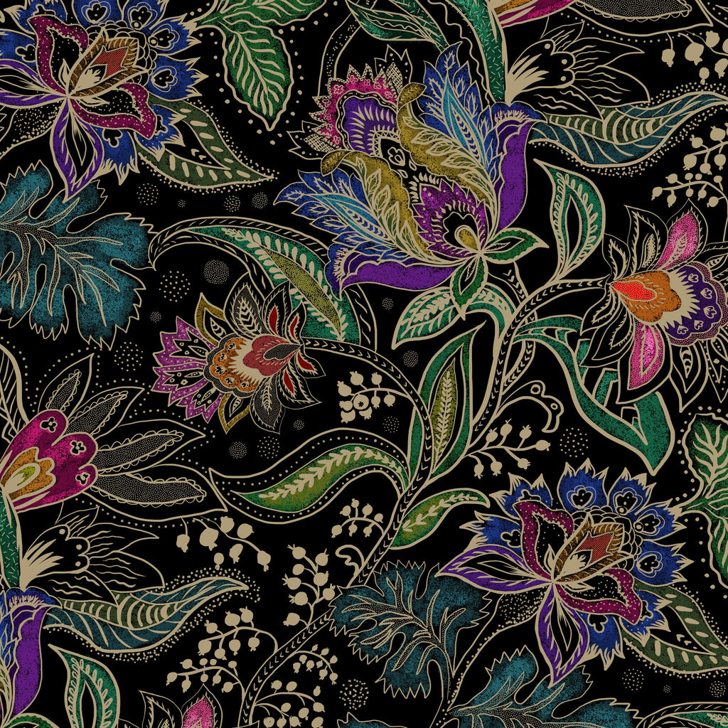 Intricate floral wallpaper with vibrant pink, purple, and teal motifs on a black background.