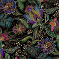 Intricate floral wallpaper with vibrant pink, purple, and teal motifs on a black background.