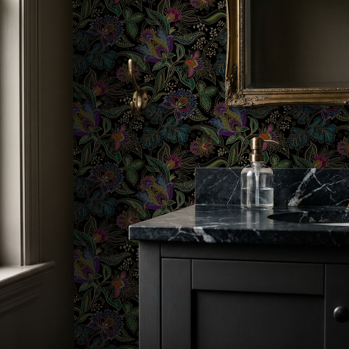 Jacobean floral wallpaper with pink, ruby, and black in a bathroom setting.