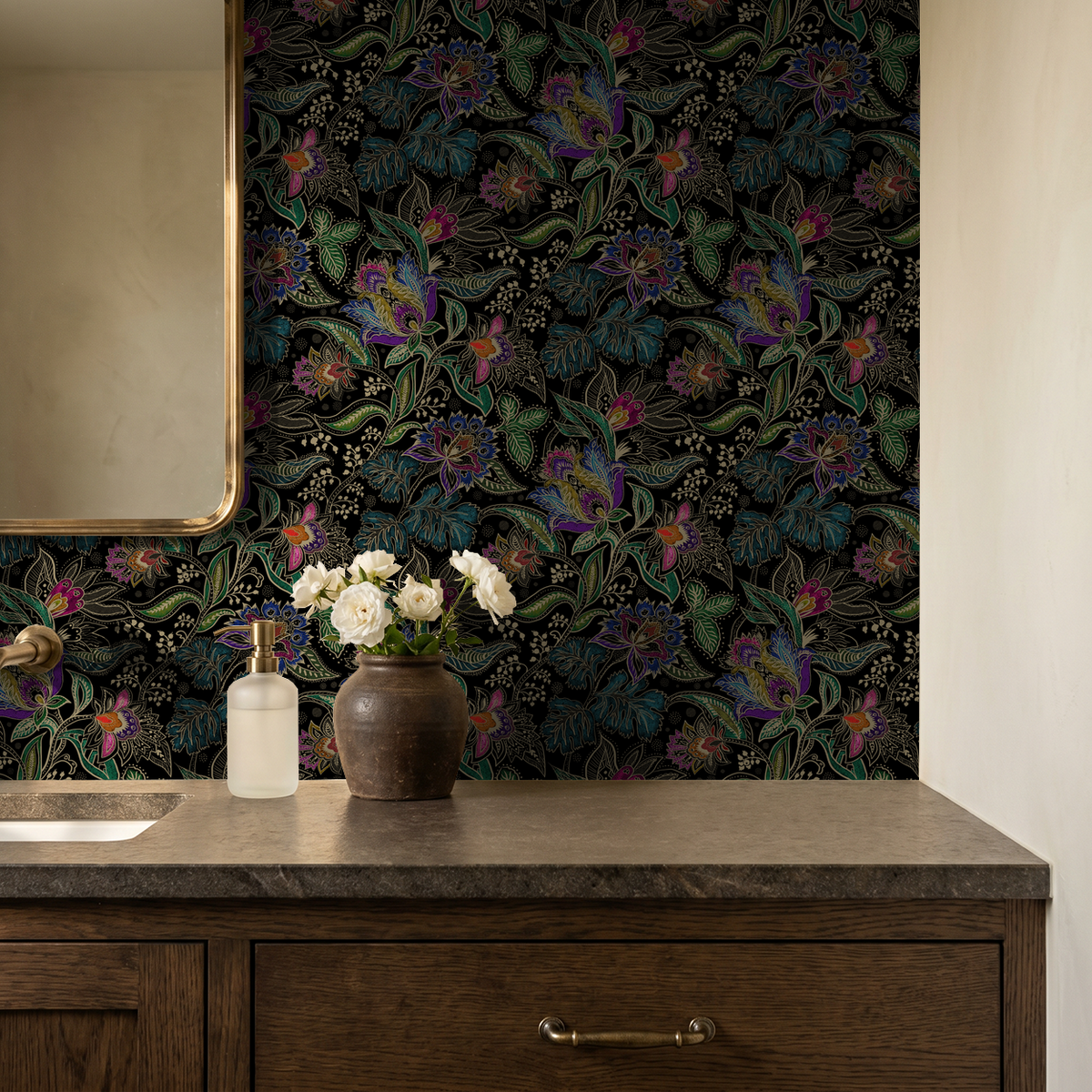 Jacobean floral wallpaper with pink, ruby, and black in a bathroom setting.