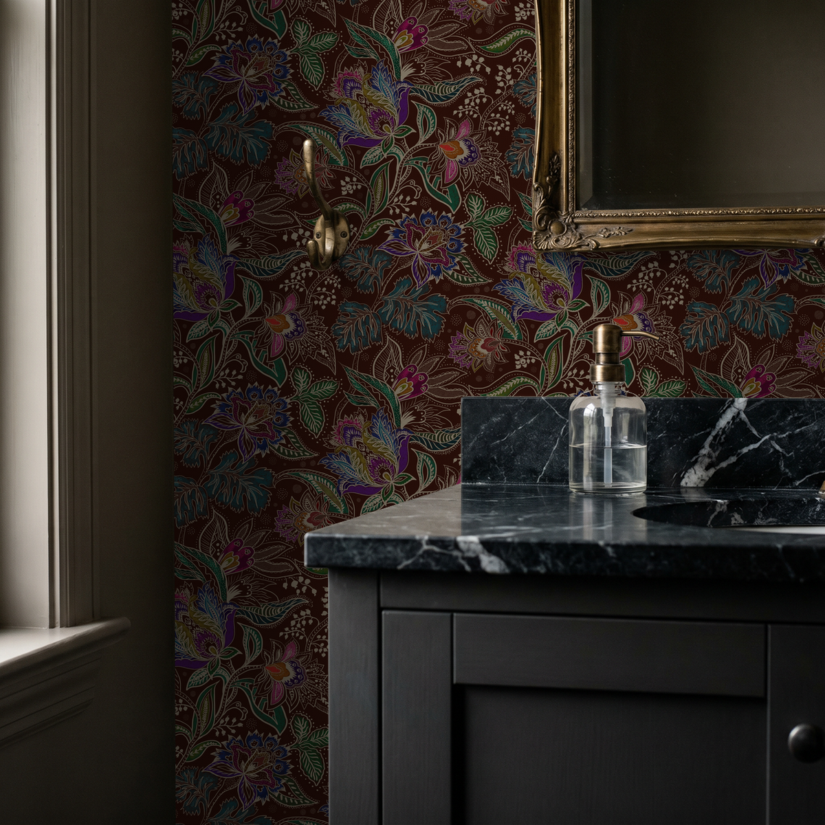 Jacobian floral wallpaper with emerald and burgundy tones in a bathroom setting.