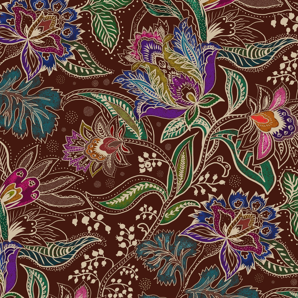 Intricate floral wallpaper with emerald, burgundy, and red on a rust background.