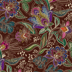 Intricate floral wallpaper with emerald, burgundy, and red on a rust background.