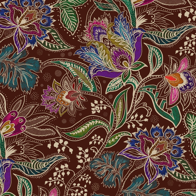 Intricate floral wallpaper with emerald, burgundy, and red on a rust background.