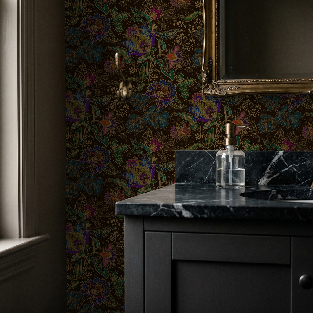 Jacobian floral wallpaper with jewel-toned flowers in elegant bathroom setting.