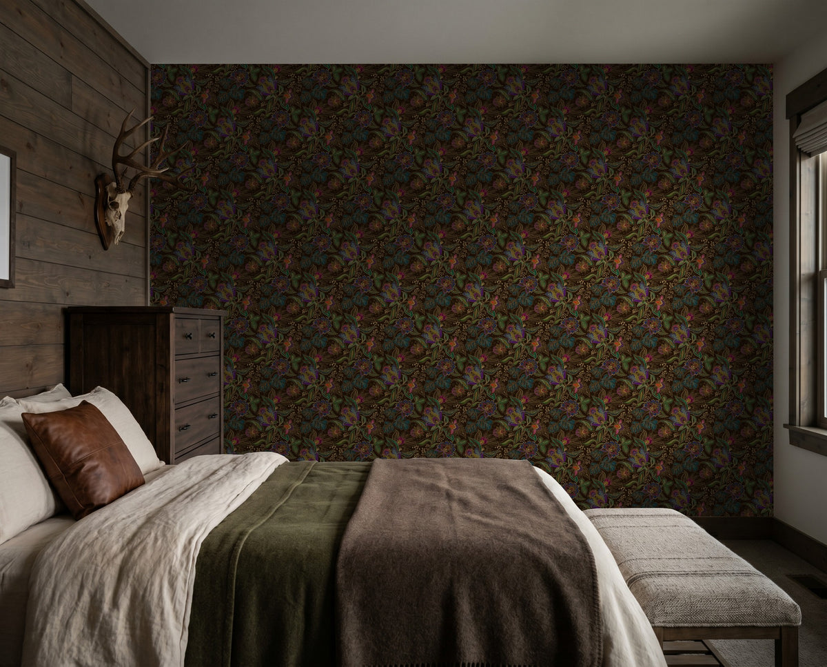 Jacobian Floral wallpaper in emerald, pink, and gold in a cozy bedroom setting.