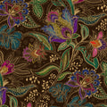 Jacobian floral wallpaper with jewel-toned flowers on deep brown background.