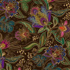 Jacobian floral wallpaper with jewel-toned flowers on deep brown background.