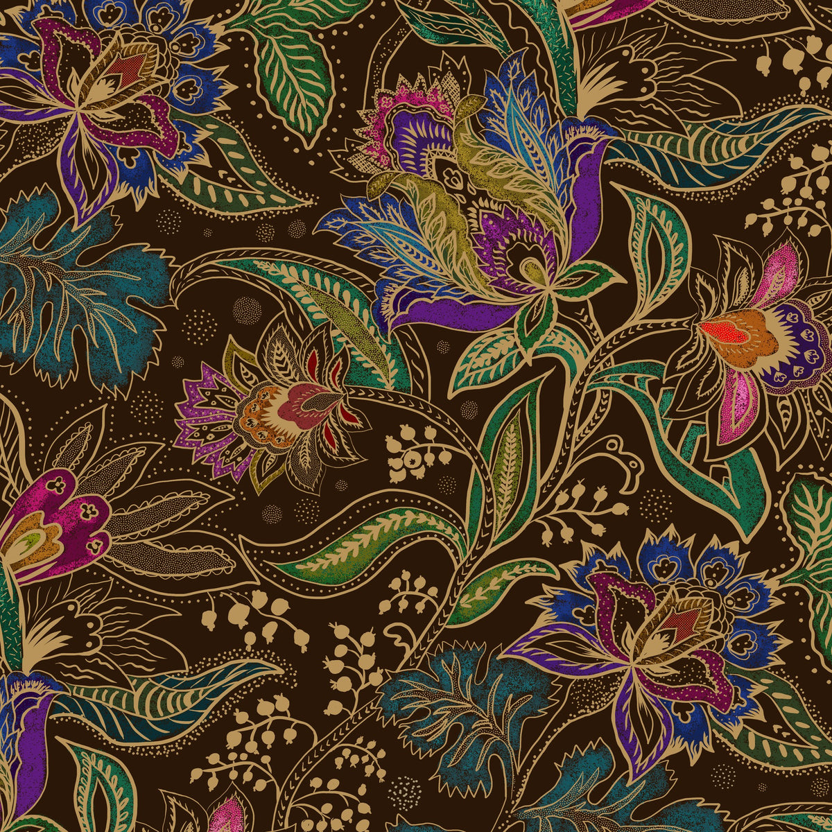 Jacobian floral wallpaper with jewel-toned flowers on deep brown background.