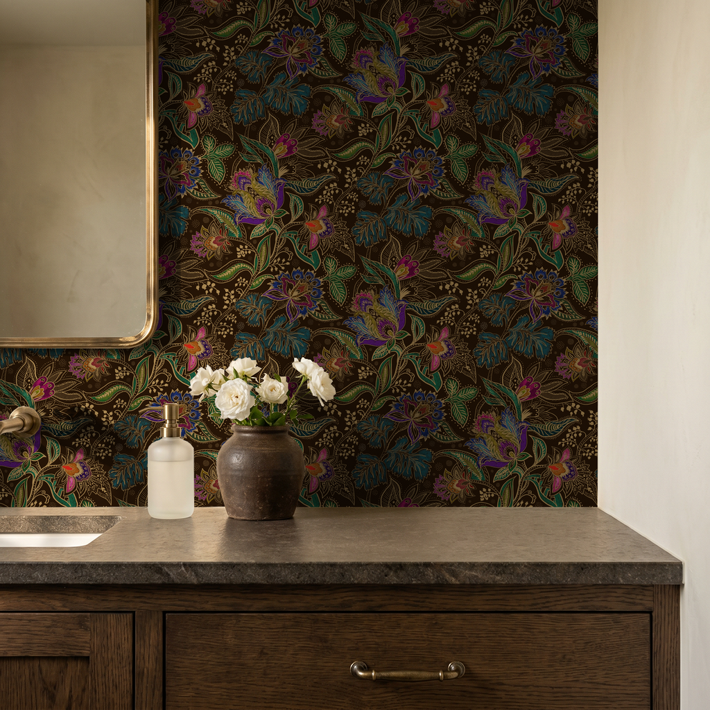 Jacobian floral wallpaper with jewel-toned flowers in a bathroom setting.