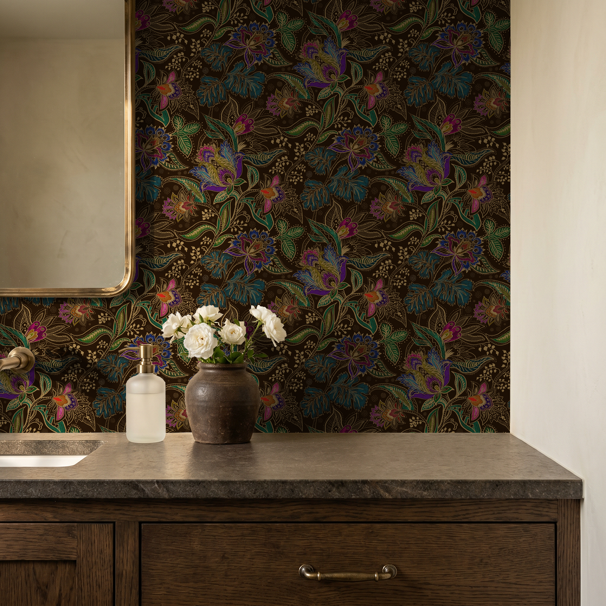 Jacobian floral wallpaper with jewel-toned flowers in a bathroom setting.