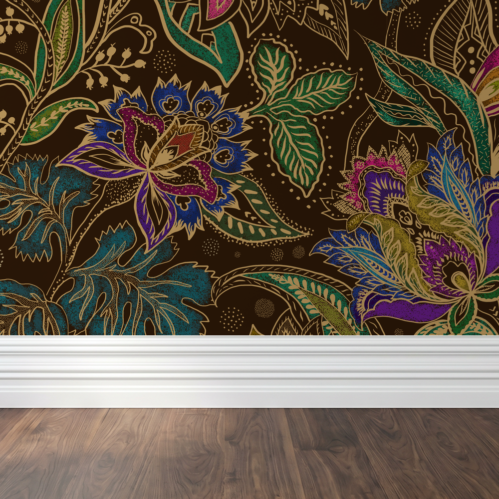 Jacobian floral wallpaper with jewel-toned flowers on a deep brown background.