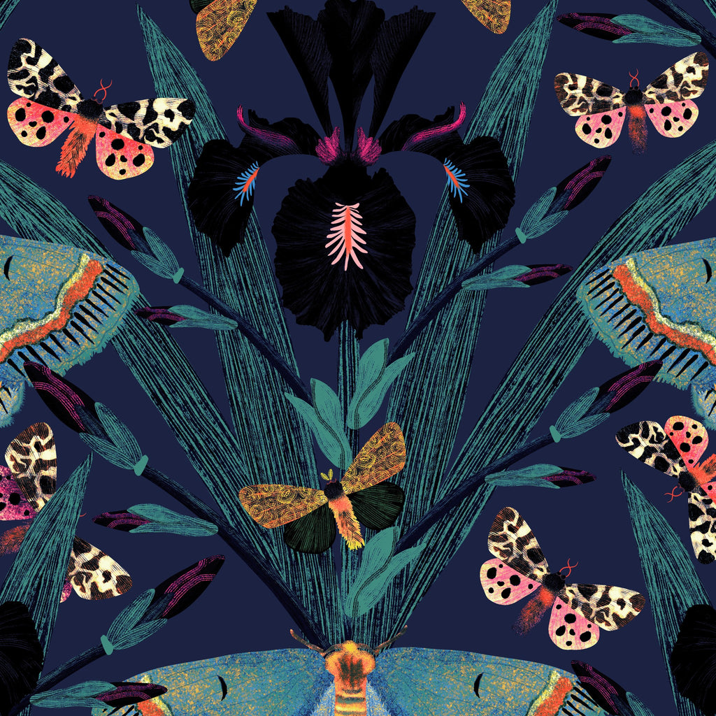 Midnight blue wallpaper with vibrant moths and irises in a lush, maximalist design.
