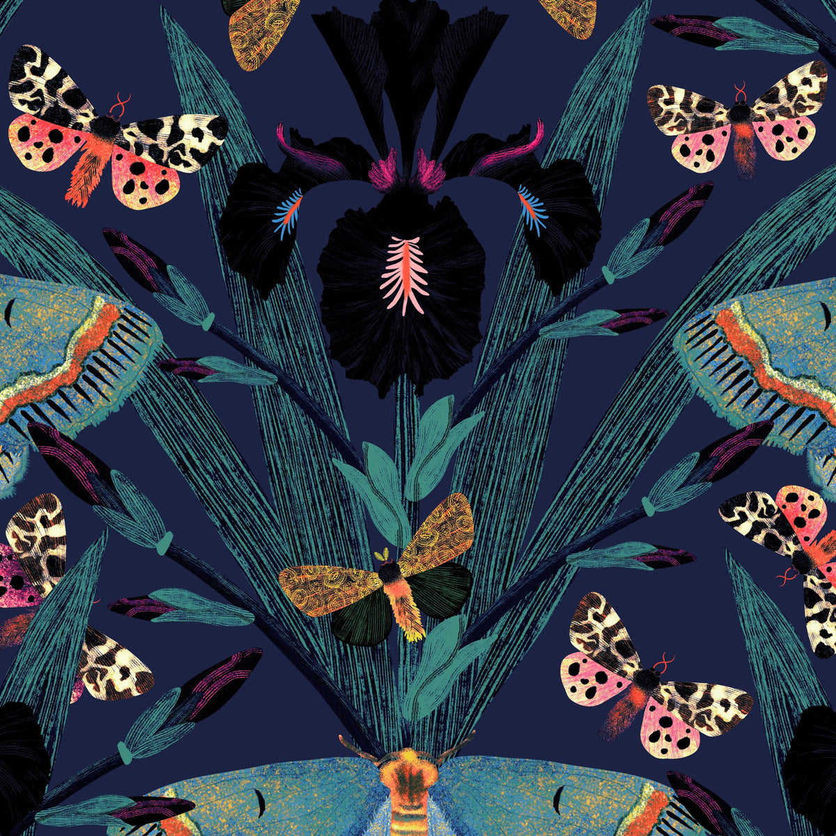 Midnight blue wallpaper with vibrant moths and irises in a lush, maximalist design.