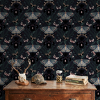 Moody wallpaper with Dutch irises and moths in a vintage room setting.