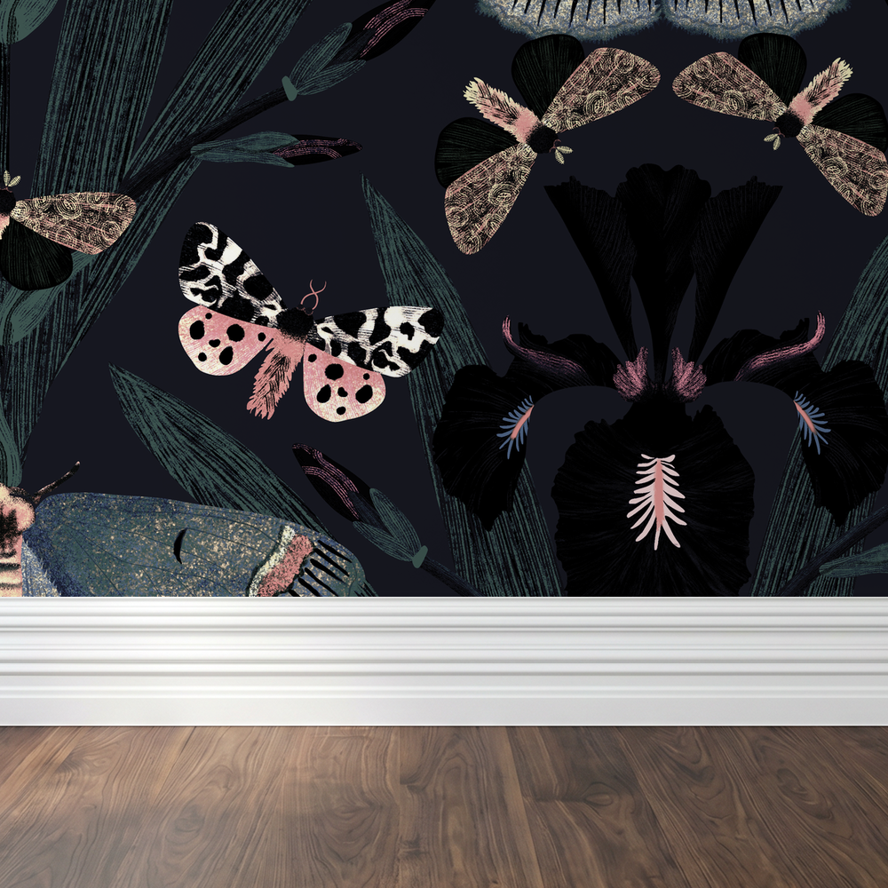 Moody wallpaper with Dutch irises and moths on dark background.