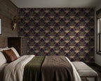 Moody floral wallpaper with moths and irises in a rustic bedroom setting.