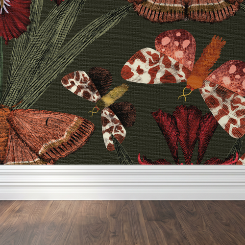 Moody floral wallpaper with ruby moths and olive foliage in a room setting
