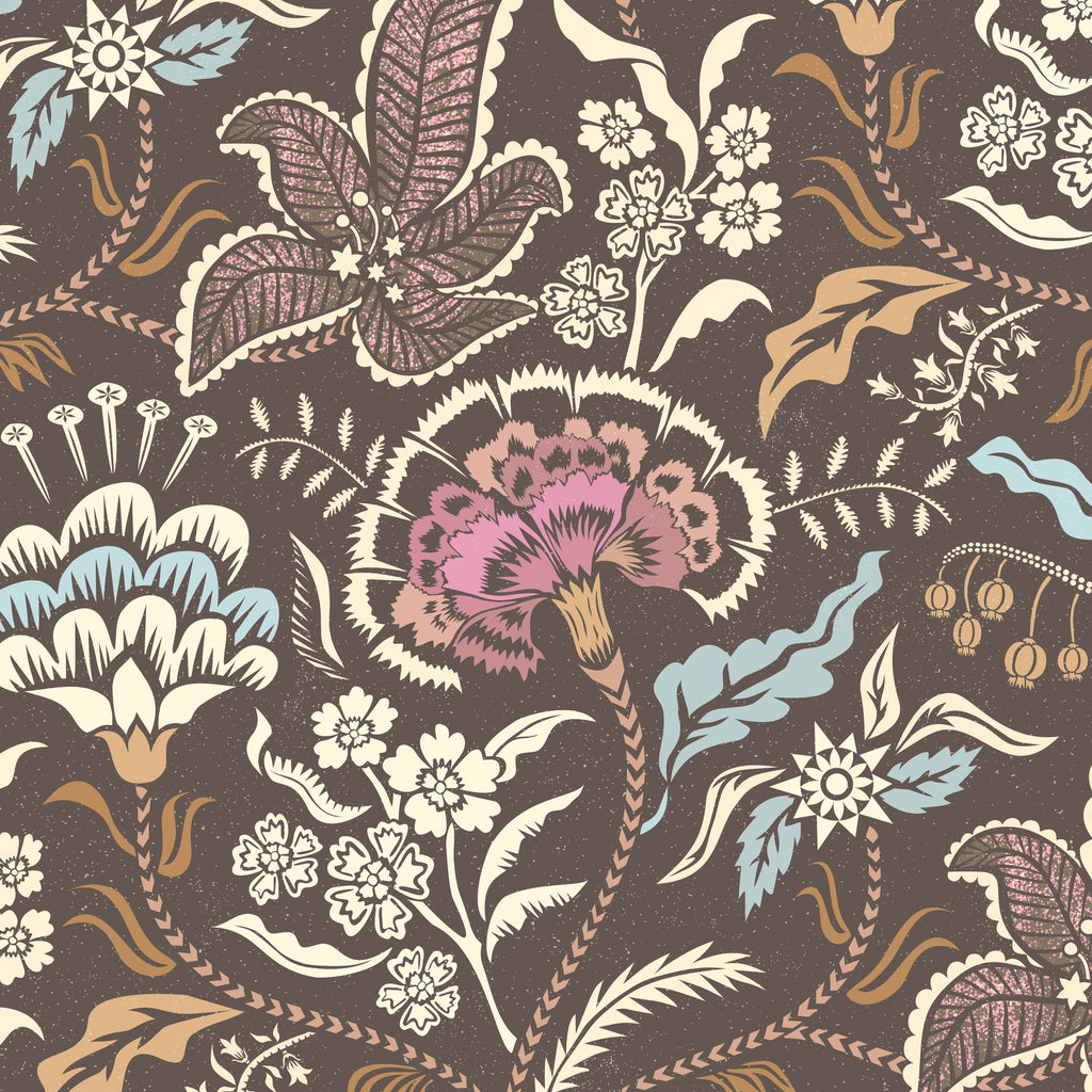 Muted blue and taupe chintz floral wallpaper with carnations and leaves.