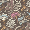 Muted blue and taupe chintz floral wallpaper with carnations and leaves.