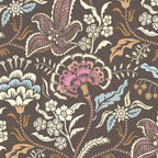 Muted blue and taupe chintz floral wallpaper with carnations and leaves.