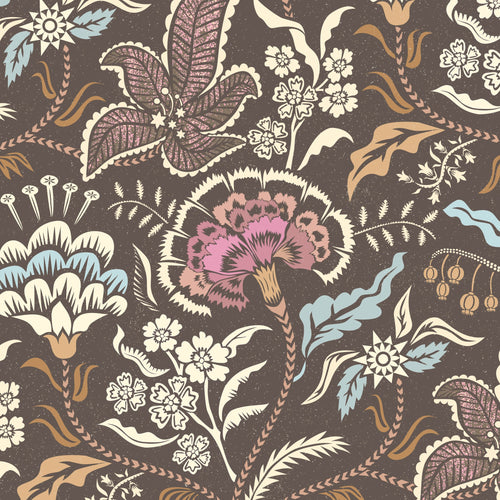 Muted blue and taupe chintz floral wallpaper with carnations and leaves.