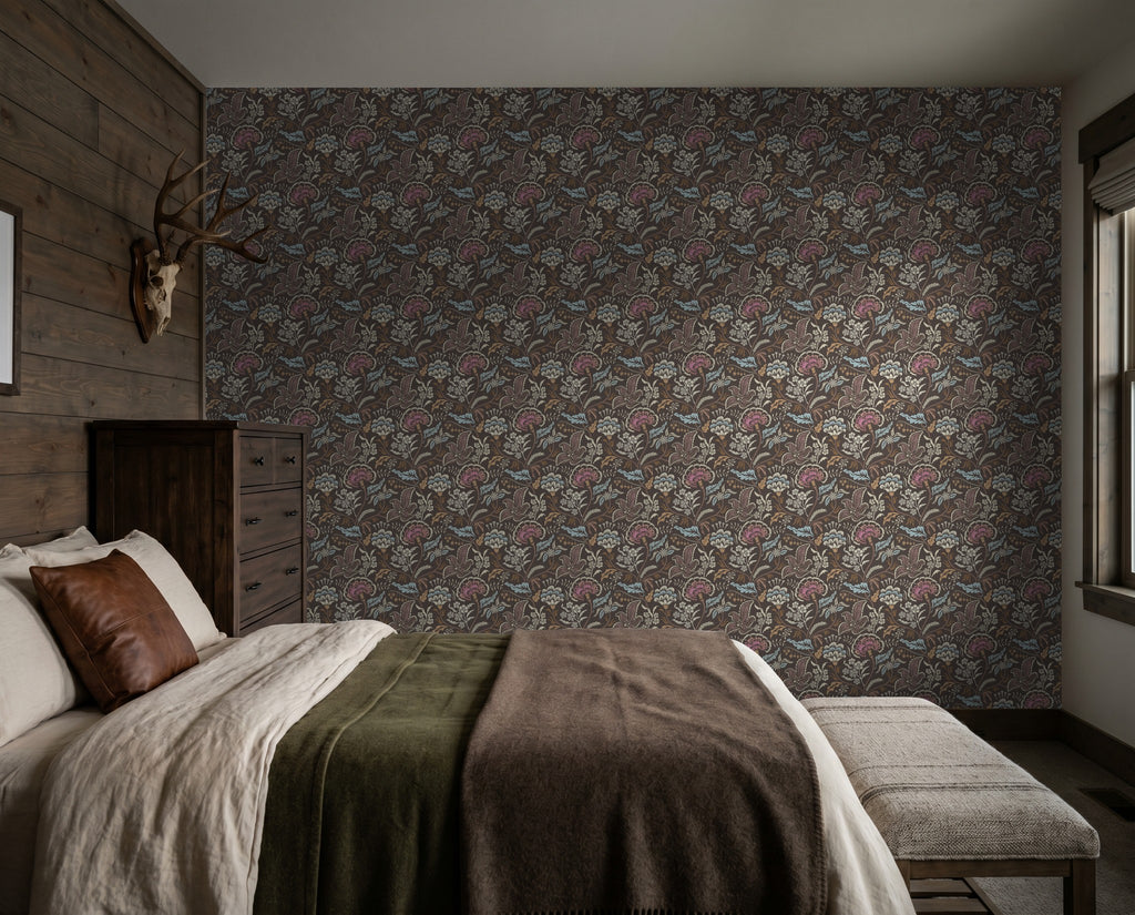 Muted blue and taupe floral chintz wallpaper in cozy bedroom setting.