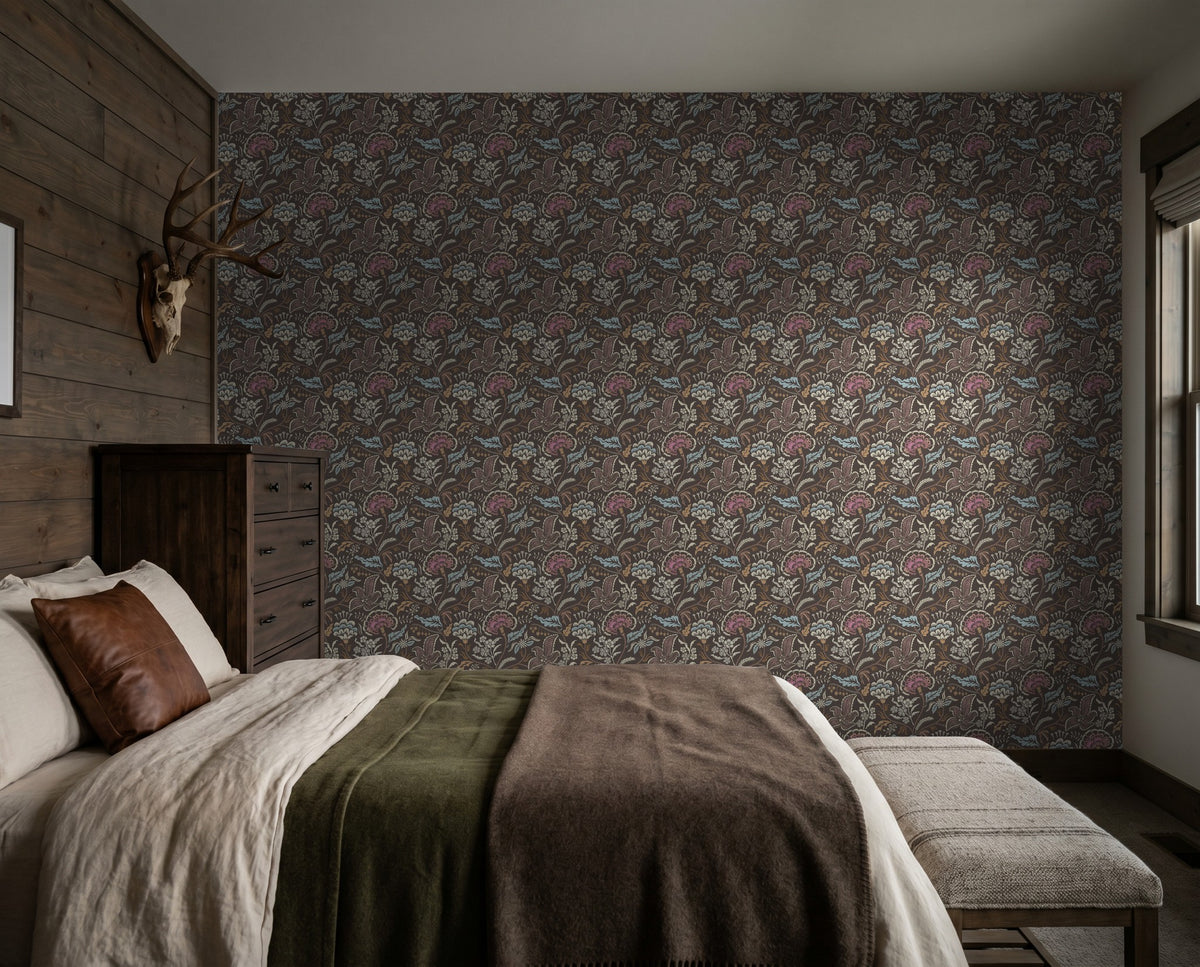 Muted blue and taupe floral chintz wallpaper in cozy bedroom setting.