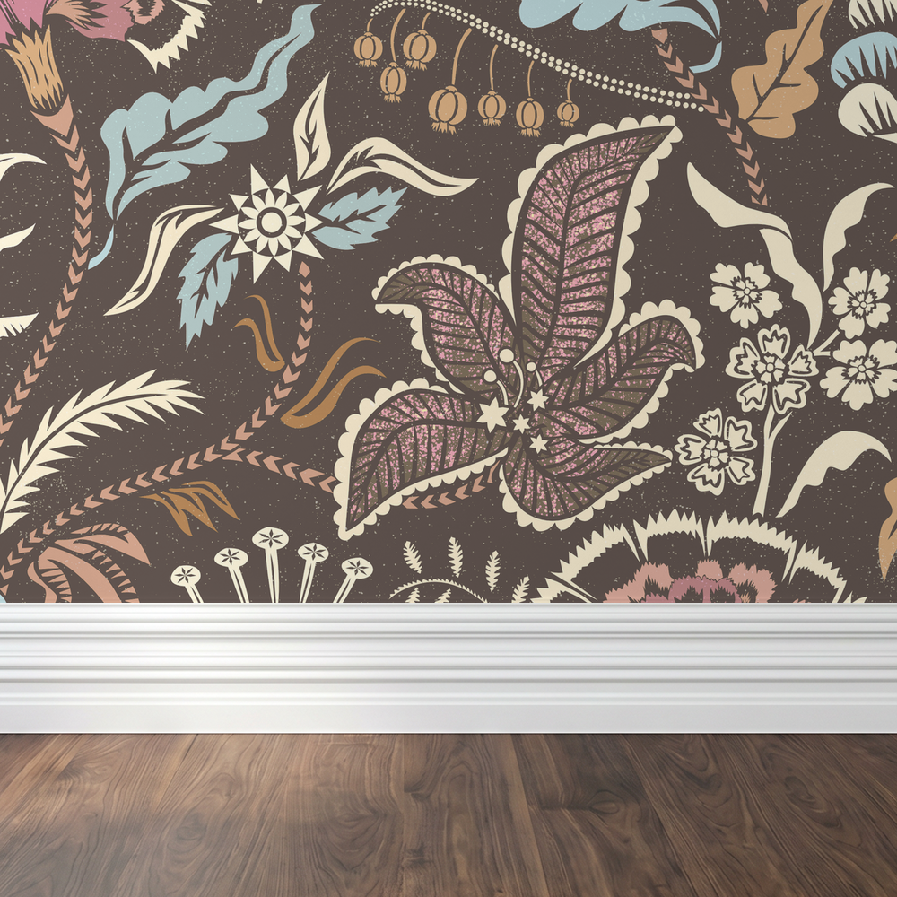 Muted blue and taupe floral chintz wallpaper with intricate botanical pattern in a room setting.
