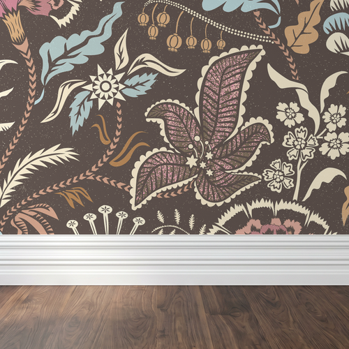 Muted blue and taupe floral chintz wallpaper with intricate botanical pattern in a room setting.