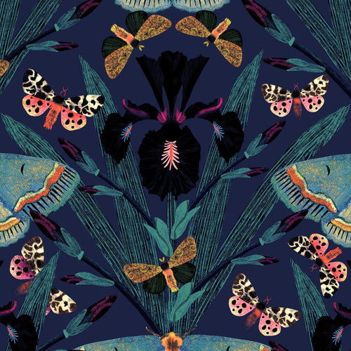 Moody navy wallpaper with vibrant moths and irises in a floral pattern.