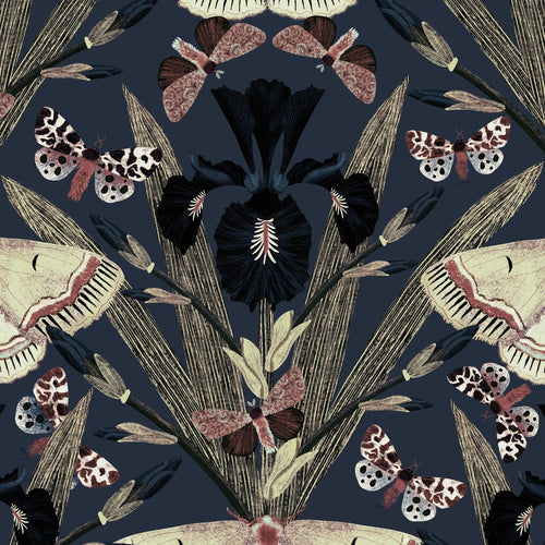 Navy wallpaper with maroon and cream moths and iris flowers, vintage style.