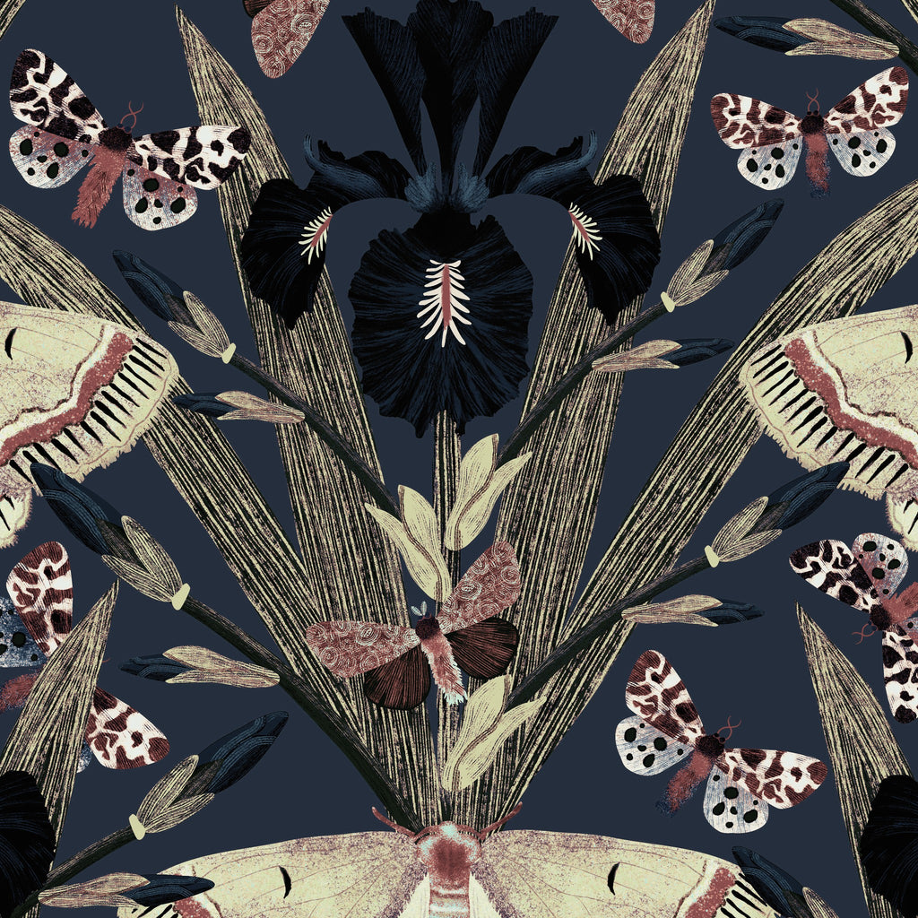Navy wallpaper with maroon and cream moths, iris blooms, and leaves.