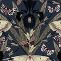 Navy wallpaper with maroon and cream moths, iris blooms, and leaves.
