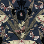 Navy wallpaper with maroon and cream moths, iris blooms, and leaves.