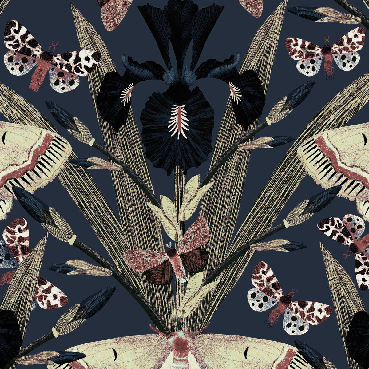 Navy wallpaper with maroon and cream moths, iris blooms, and leaves.
