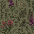 Olive wallpaper with botanical illustrations of foxgloves and hemlocks in purple and green.