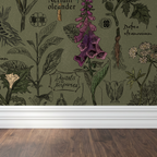 Olive and charcoal botanical wallpaper with foxgloves and hemlocks illustration.