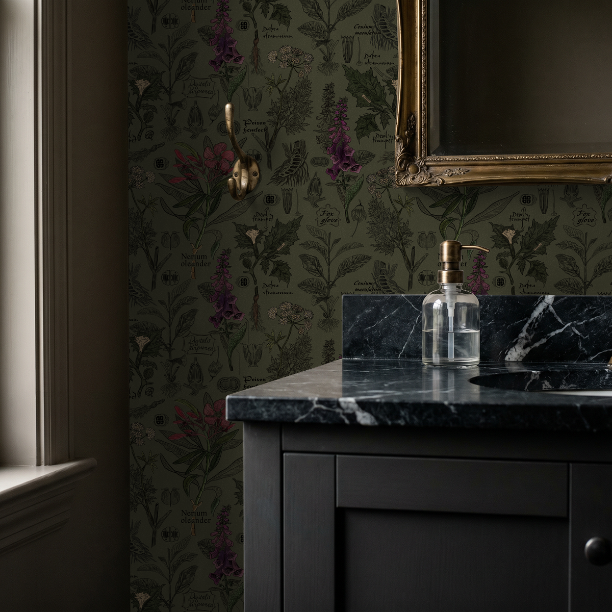Olive and charcoal botanical wallpaper with floral illustrations in a vintage bathroom setting.