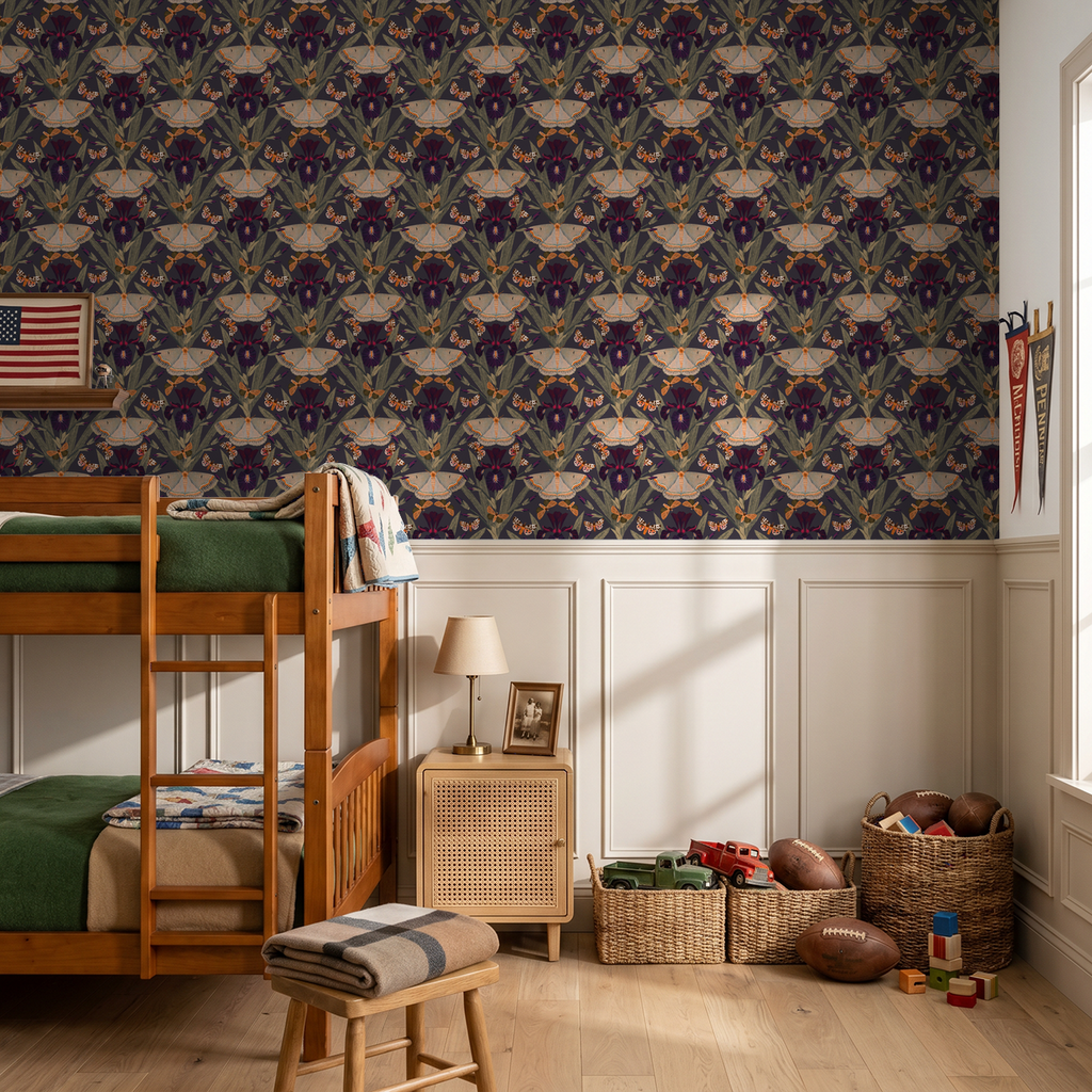 Olive wallpaper with Dutch irises and moths in a cozy bedroom setting.