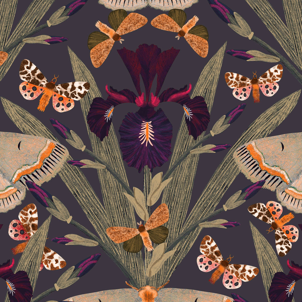 Olive wallpaper with Dutch irises and moths in dark purples and slate grays.