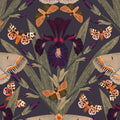 Olive wallpaper with Dutch irises and moths in dark purples and slate grays.