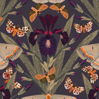 Olive wallpaper with Dutch irises and moths in dark purples and slate grays.